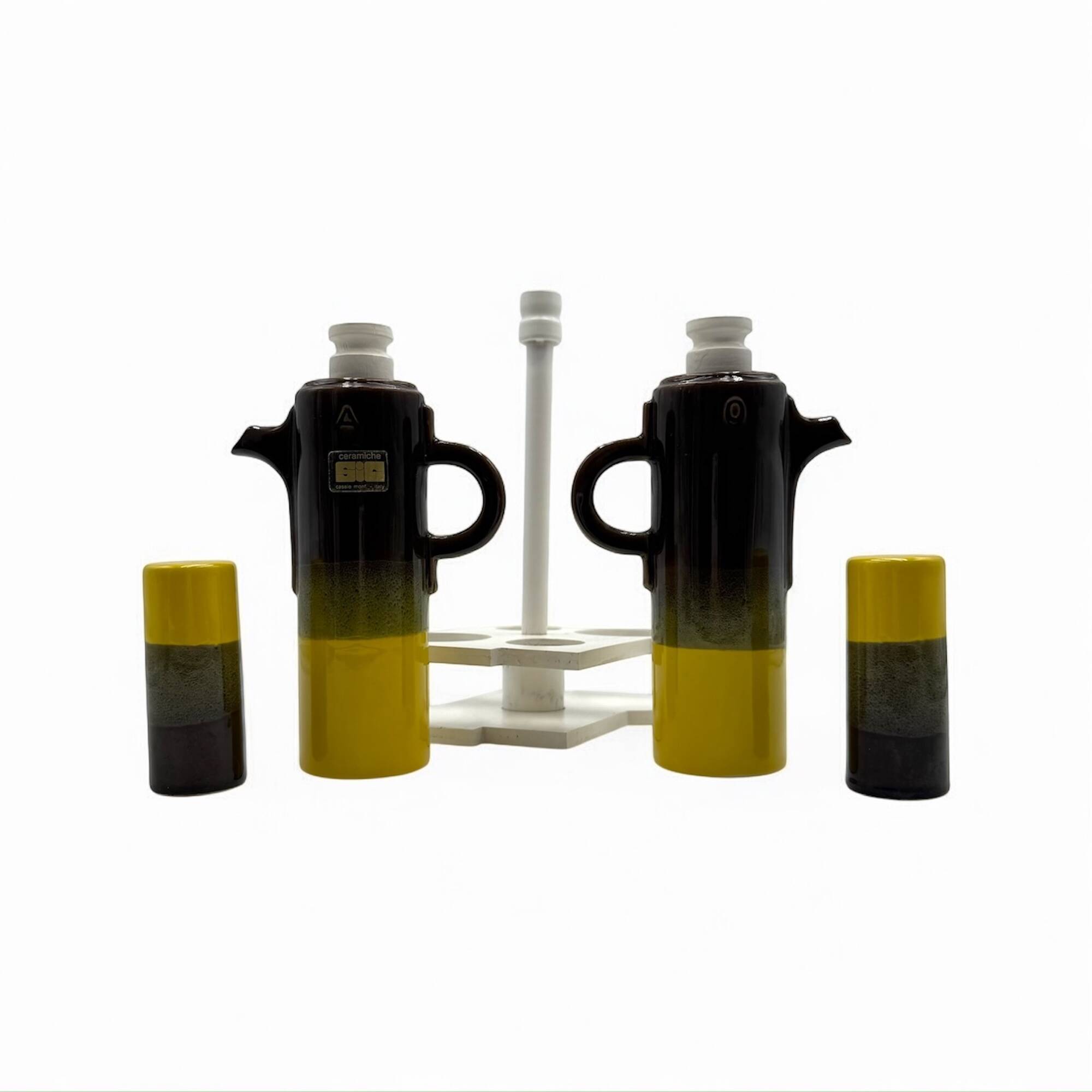 70s Design Condiment Set in Yellow & Brown Ceramic SIC Italy