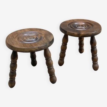 Pair of turned wooden tripod stools