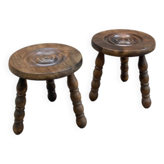 Pair of turned wooden tripod stools