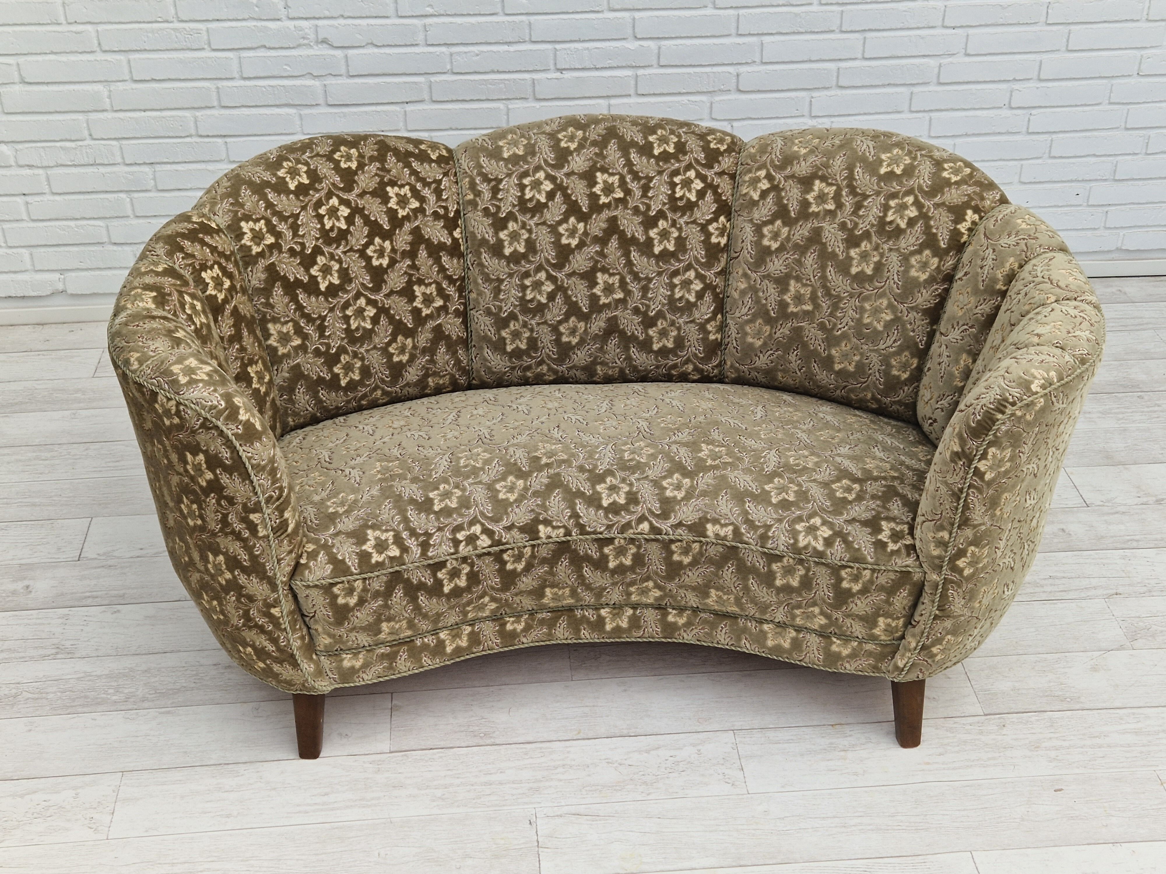 60s, danish vintage 2 seater "banana" sofa, green velour, original condition.