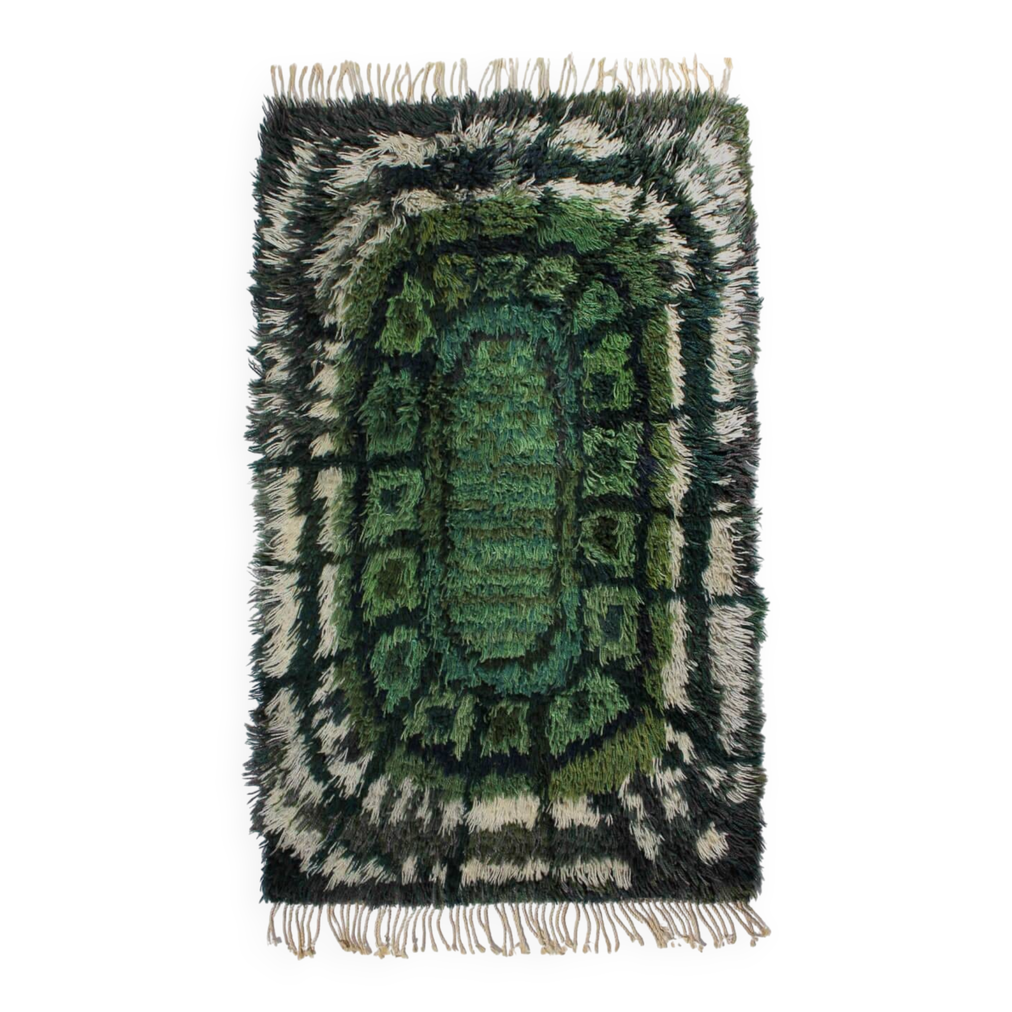 Geometric Swedish Rya Wool Rug In Green Tones 80x150cm