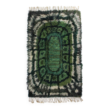 Tapis en laine Rya suédois géométrique en tons de vert 80x150cm