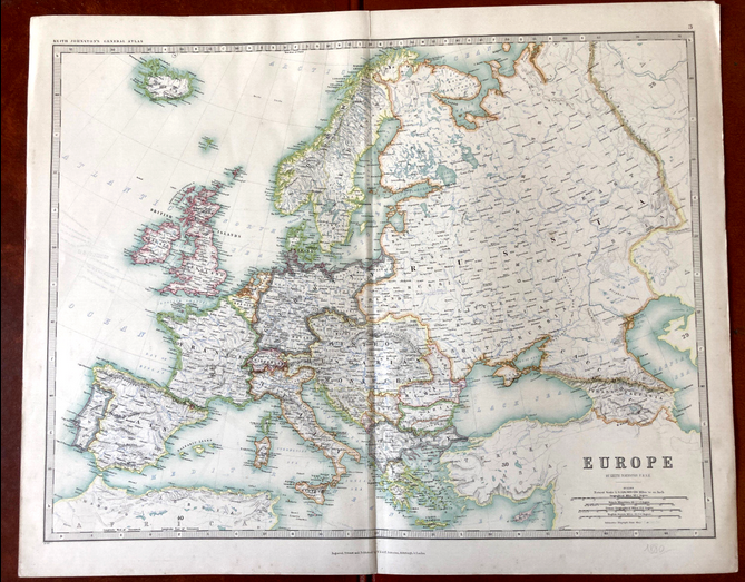 Ancient map of Europe by Keith Johnston - late nineteenth
