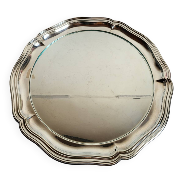 Plat de service rond en métal argenté et verre