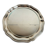 Round silver-plated serving dish with a glass base.