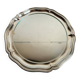 Round silver-plated serving dish with a glass base.