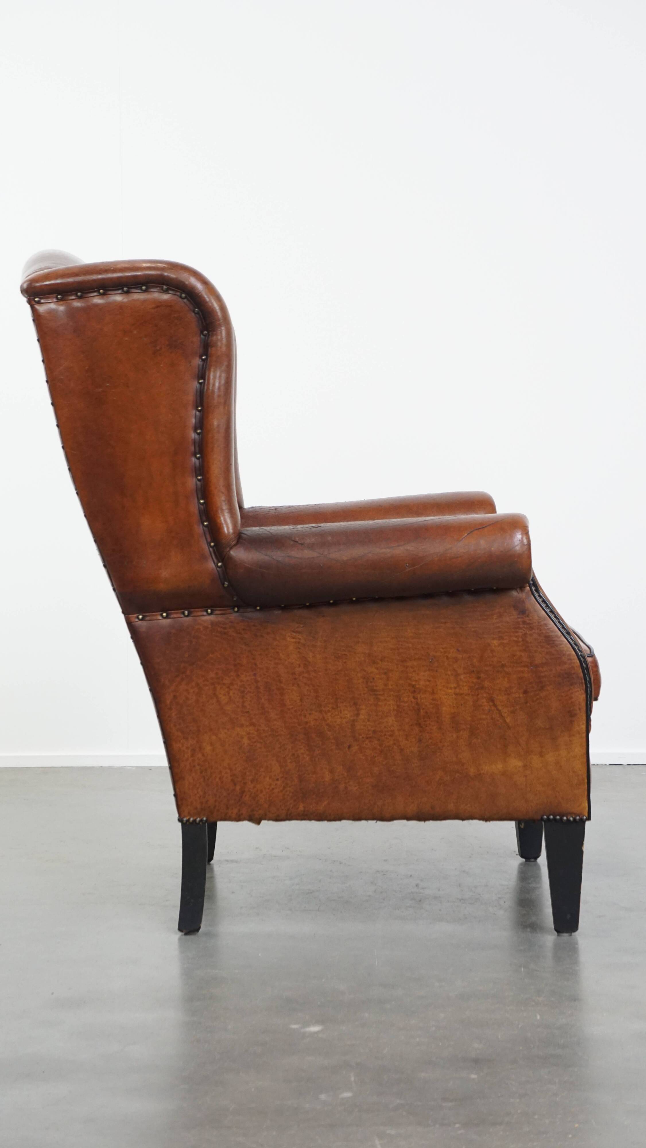 Large Vintage Sheepskin Leather Wingback Chair