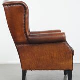 Large Vintage Sheepskin Leather Wingback Chair