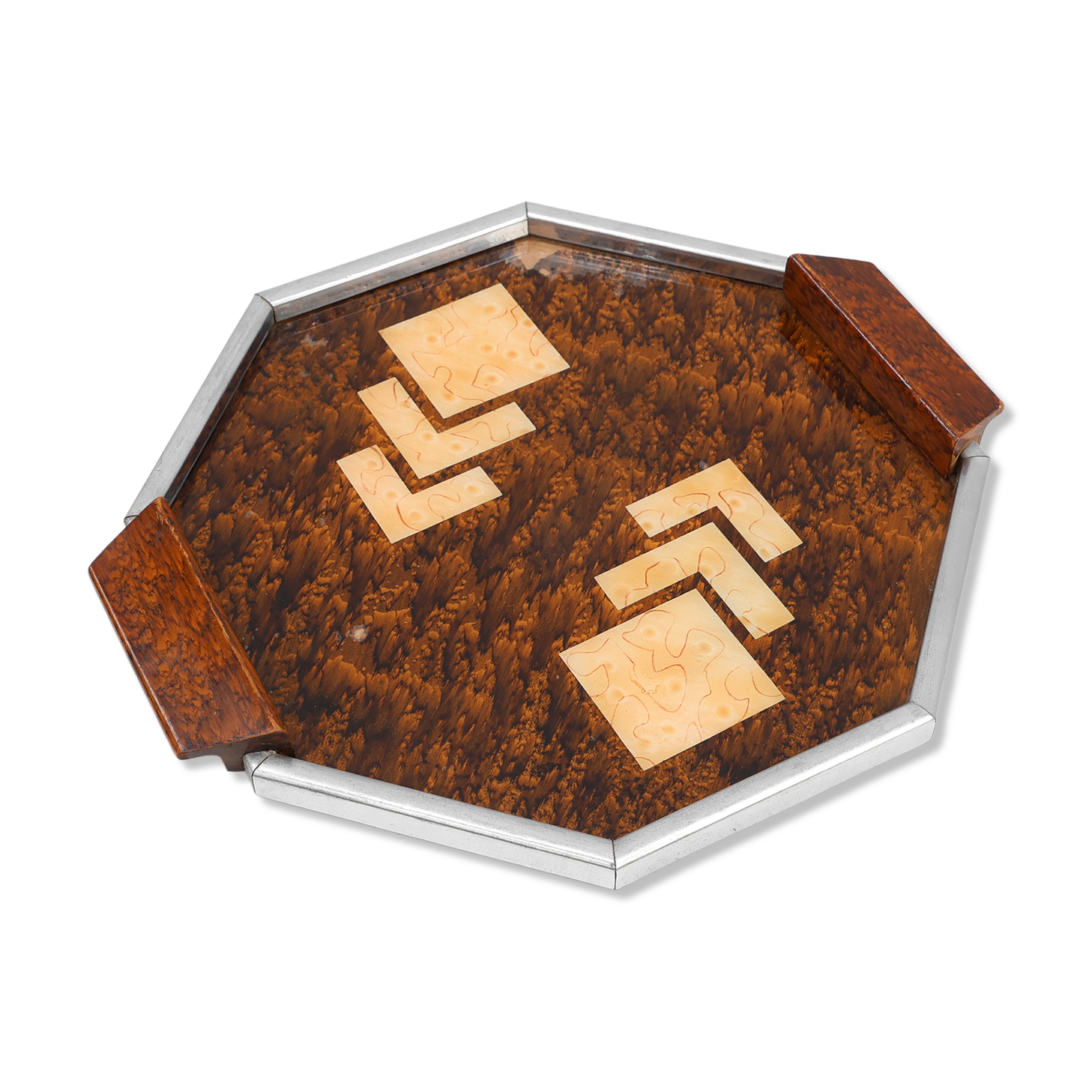 Art Deco Whiskey Tray in Metal and Wood, Belgium 1920s