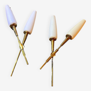 Pair of double crossed brass and opaline sconces, Maison Arlus, France, Mid-Century