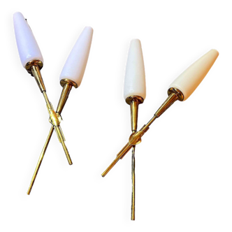 Pair of double crossed brass and opaline sconces, Maison Arlus, France, Mid-Century