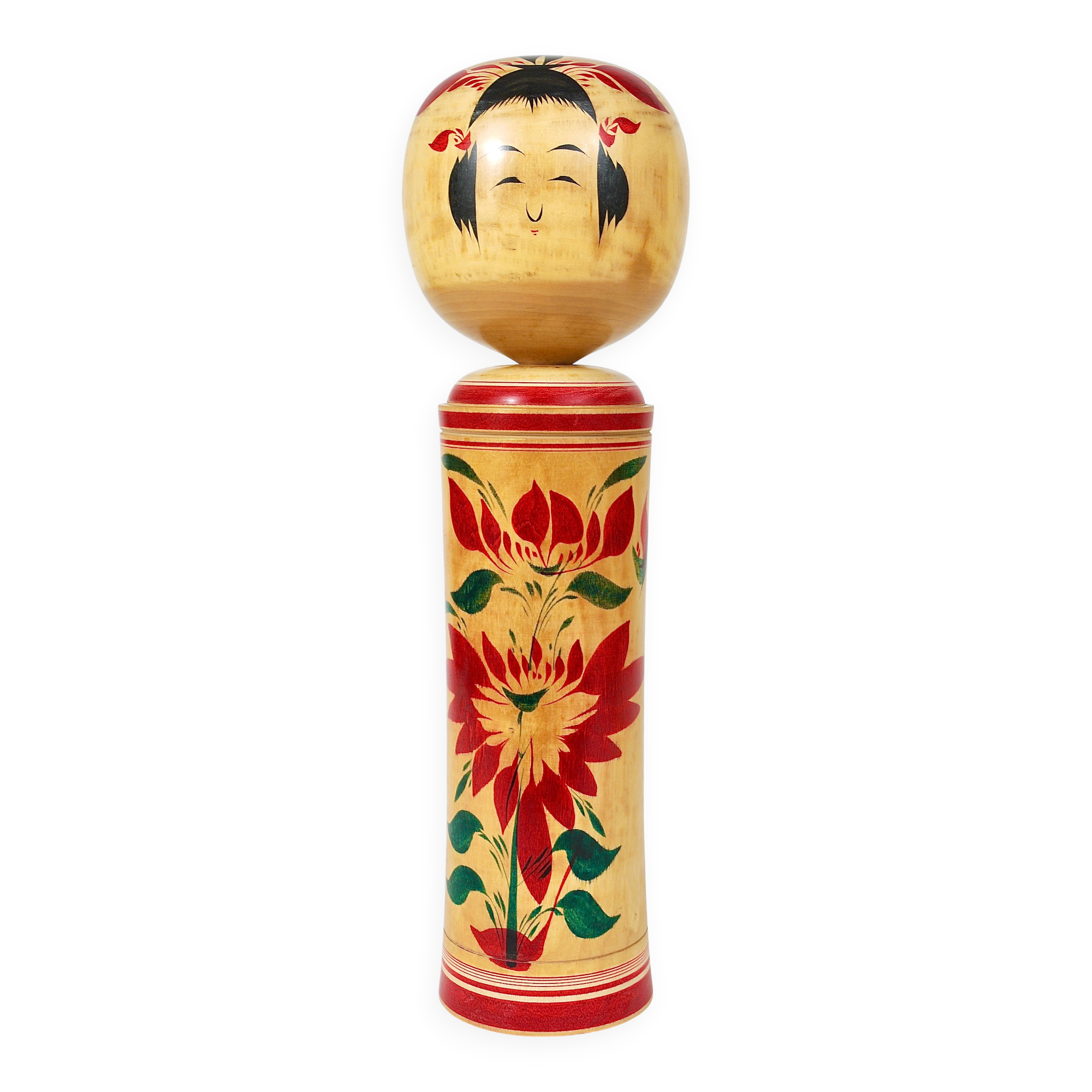 Decorative Naruko Kokeshi doll sculpture from northern Japan, hand-painted.