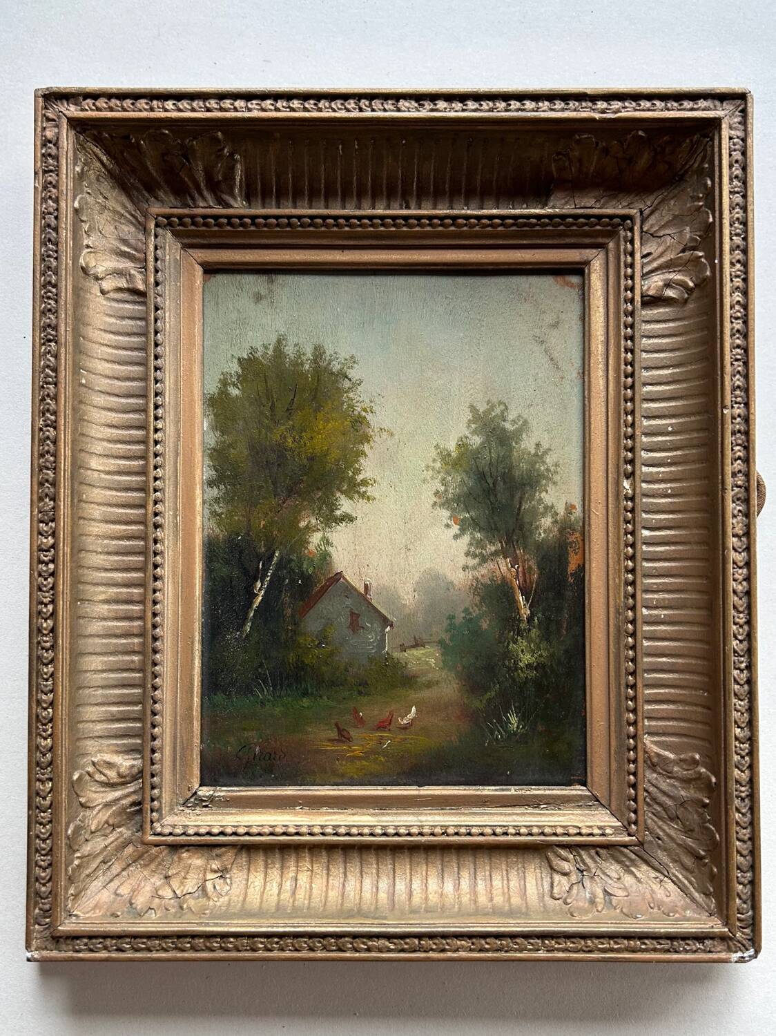 La Basse-cour , Huile sur panneau signée Girard XIXe