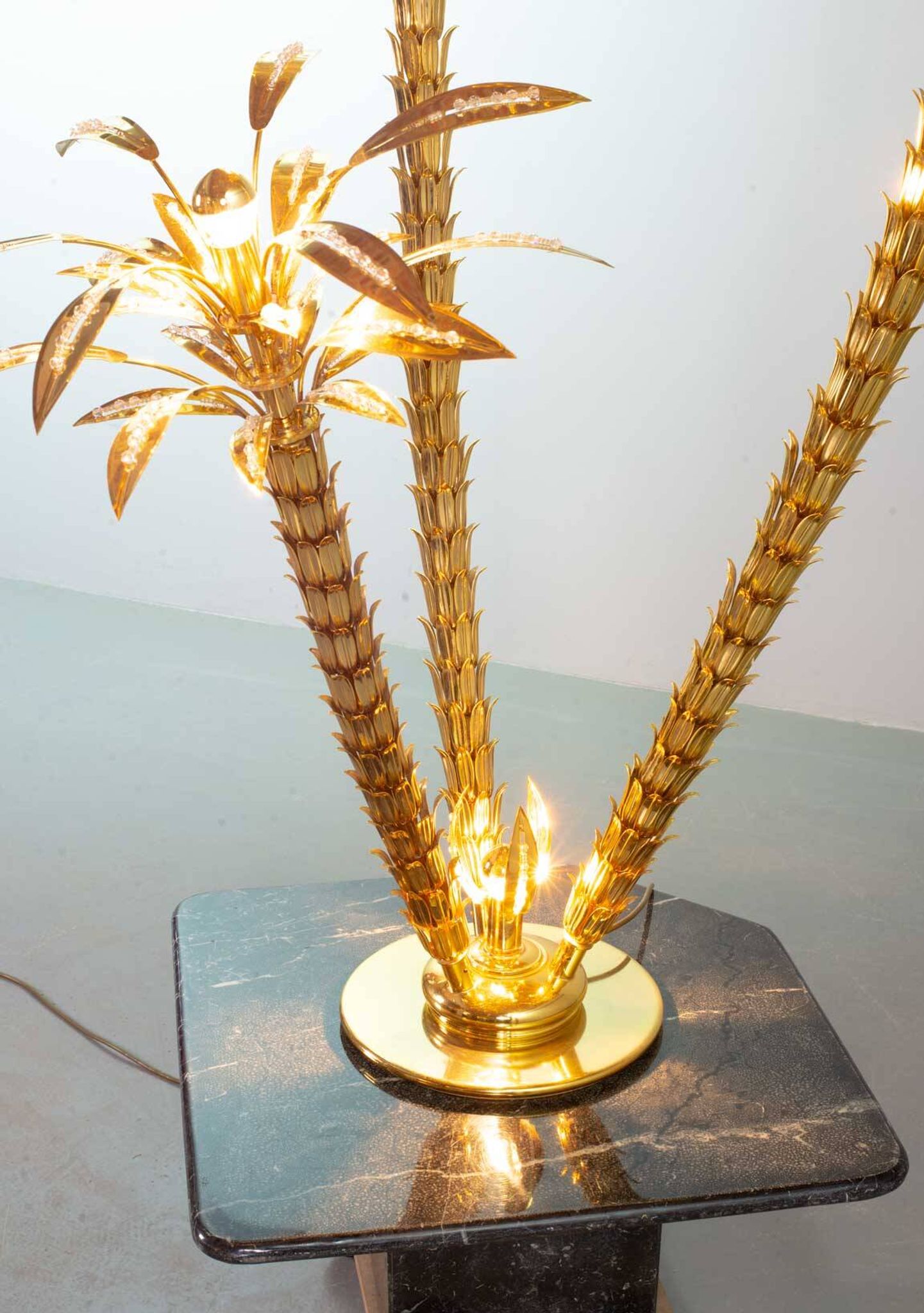 Exquisite Italian Golden Palm Tree Floor Lamp with 3 Sparkling Branches 70s