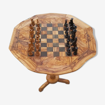 Chess game table, rustic olive wood