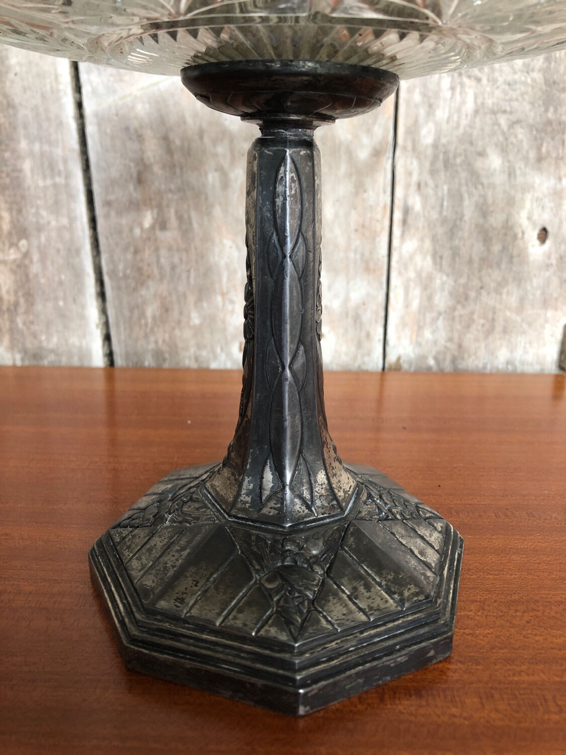 Old centerpiece cut art deco glass + foot silver metal vintage #a285