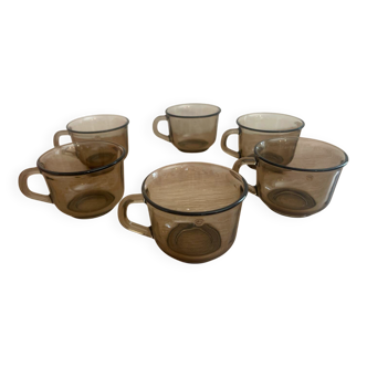6 tasses vintage en verre fumé – édition Shell années 70