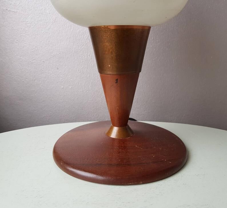 Vintage teak table lamp with 60s white glass lampshade