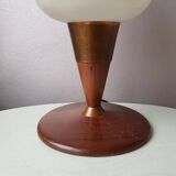 Vintage teak table lamp with 60s white glass lampshade