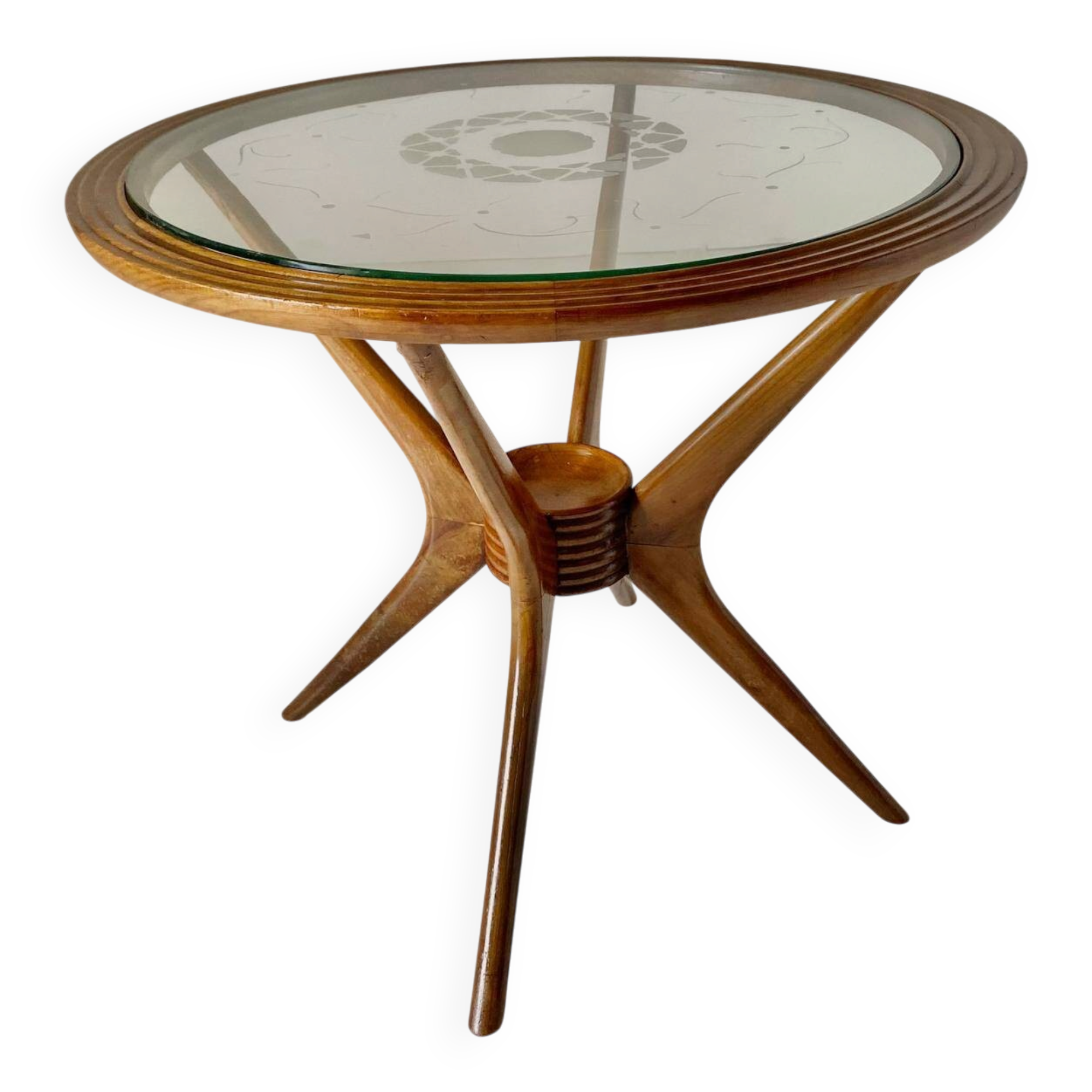 Curved Wood Spider Leg Coffee Table, Wood & Glass, Italy 1950s