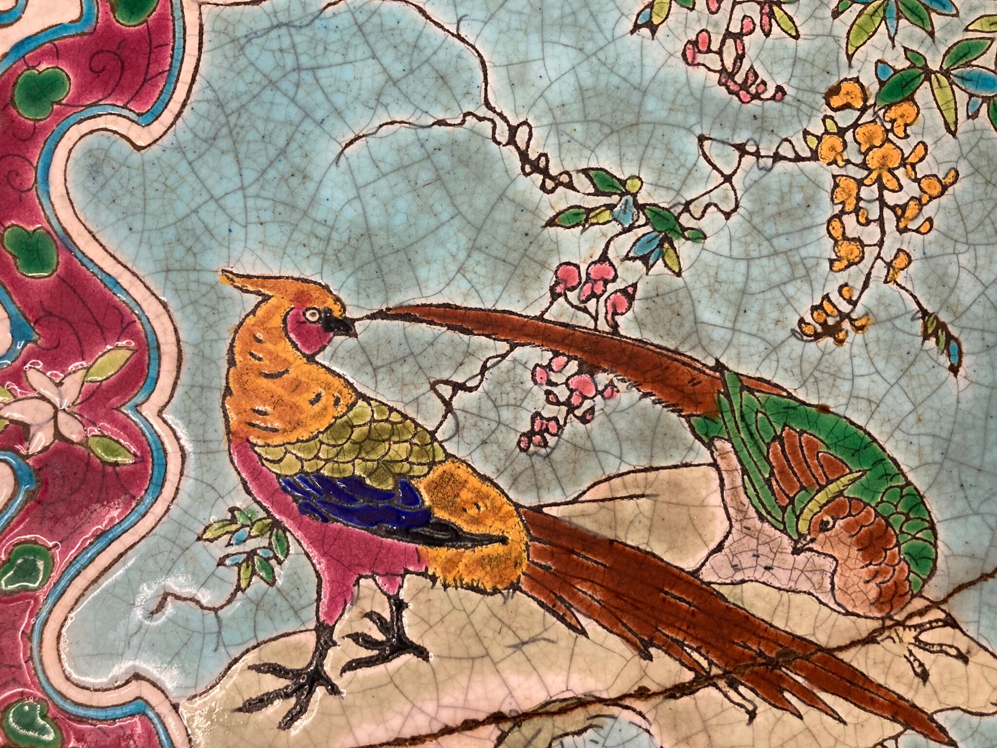 Gien old tile wall tiles decoration pheasant birds XIXth