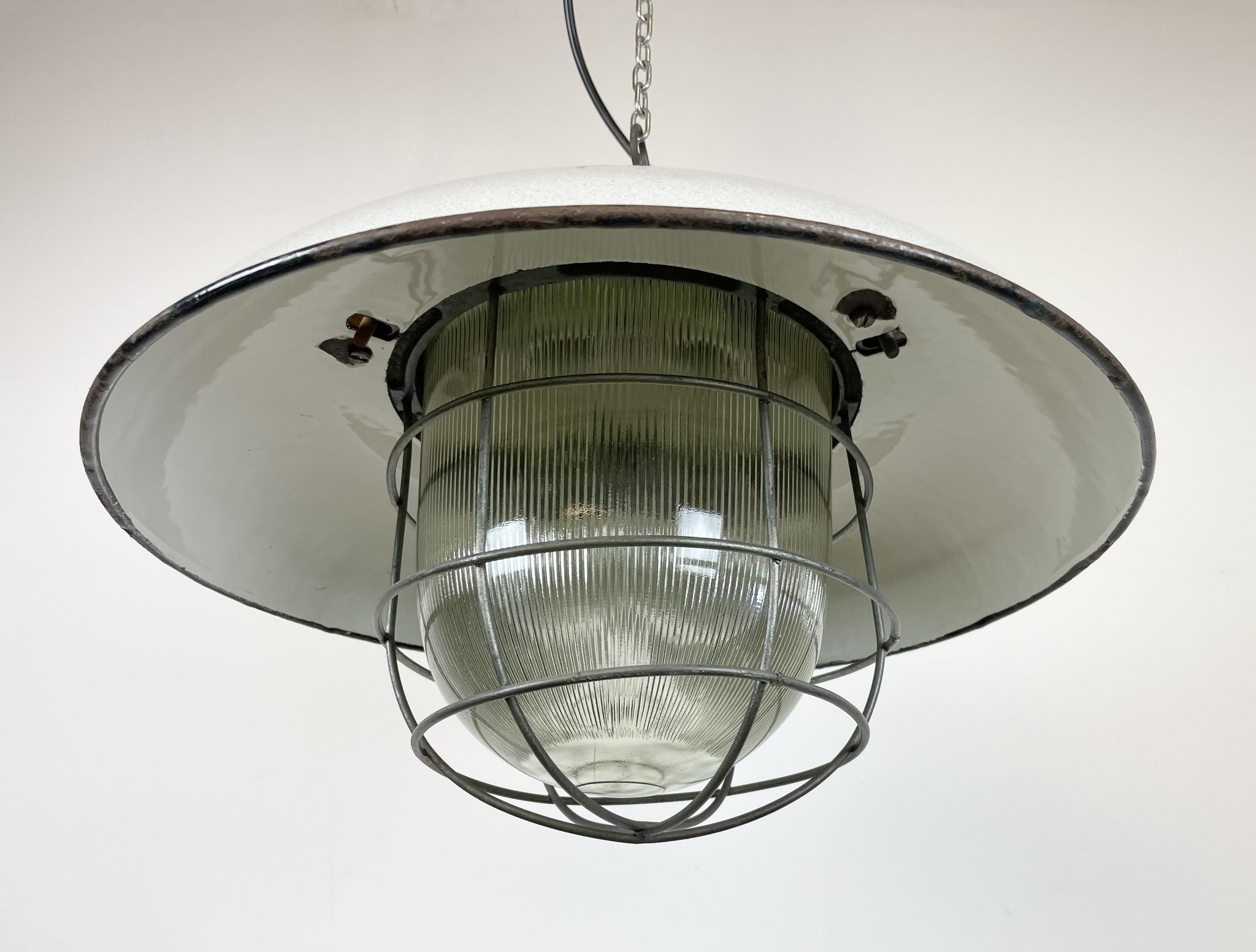 Industrial Grey Enamel Factory Cage Pendant Lamp in Cast Iron from Zaos, 1960s