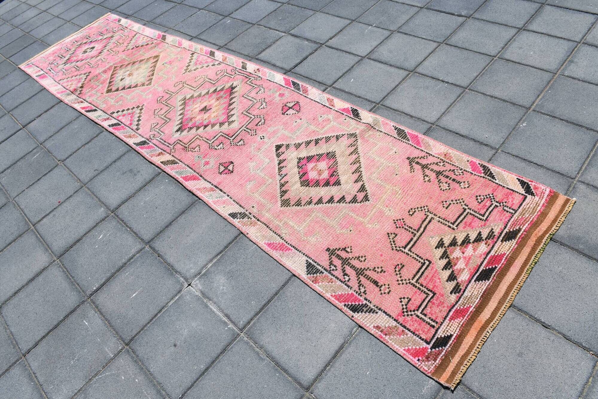 Tapis Couloir Rose à Médaillons, Tapis Turc Vintage, 86x364 Cm
