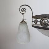 Art Deco chandelier signed Degué – wrought iron and moulded glass