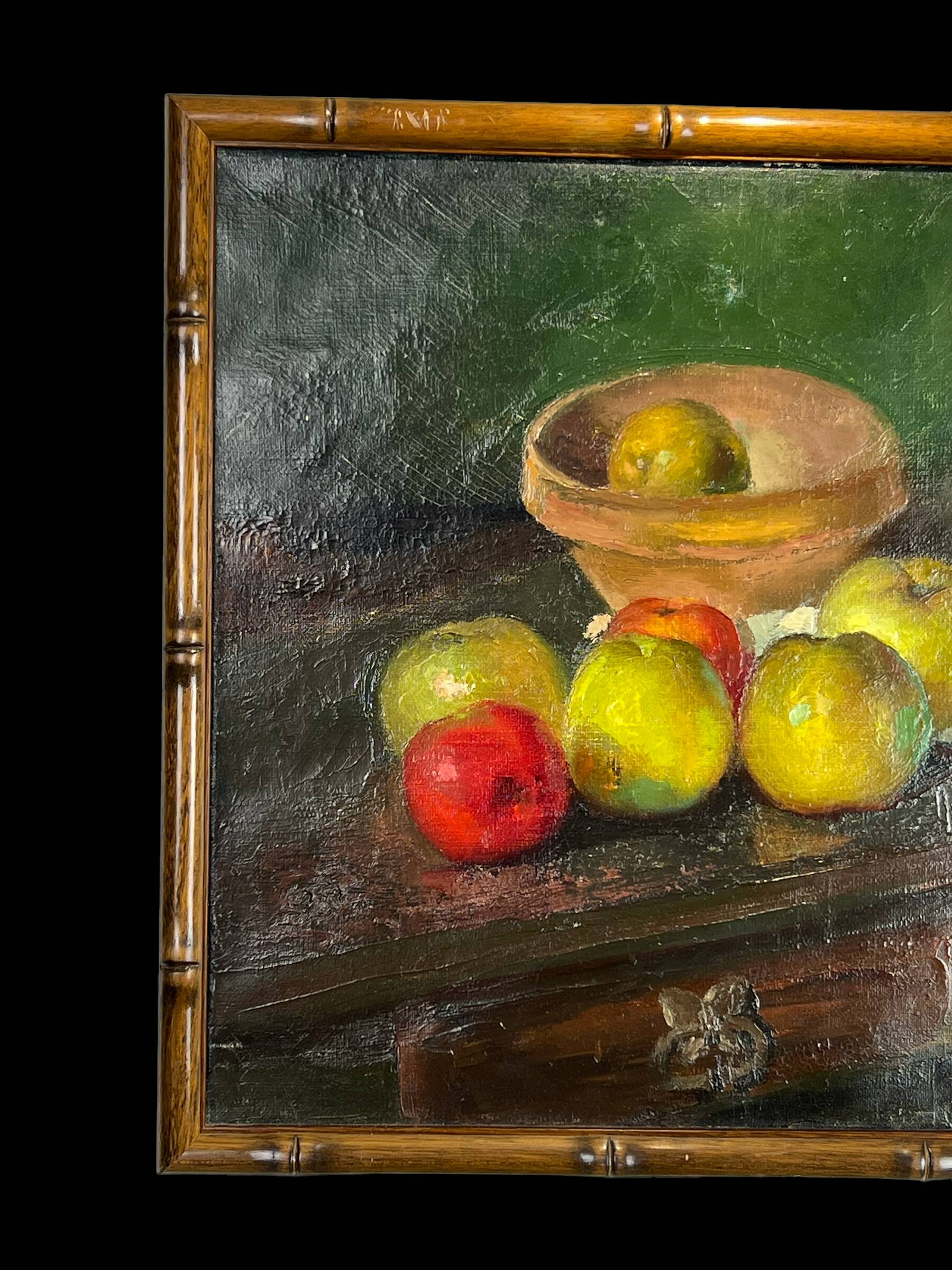Painting, oil on canvas, still life with apples with bamboo frame