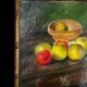 Painting, oil on canvas, still life with apples with bamboo frame