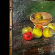 Painting, oil on canvas, still life with apples with bamboo frame