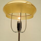 Lampe de table originale  sur pied inox & globe givré art déco jaune et or