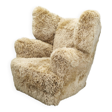 Fauteuil à oreilles Art Déco des années 1930 en peau de mouton Skandilock miel
