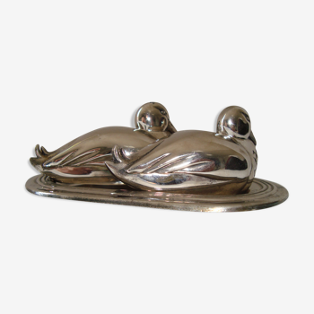 Salière et poivrière sur plateau  métal argenté en forme de canard style art déco