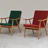 Pair of green-red boomerang armchairs by Antonin Suman for Ton (Thonet) 19