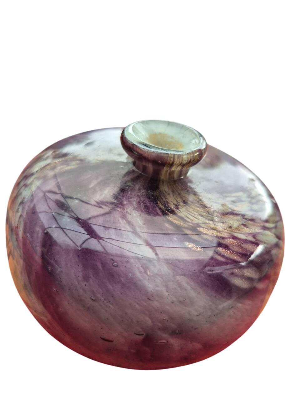 Vase panse aplatie à décor de spirales violettes et dorées