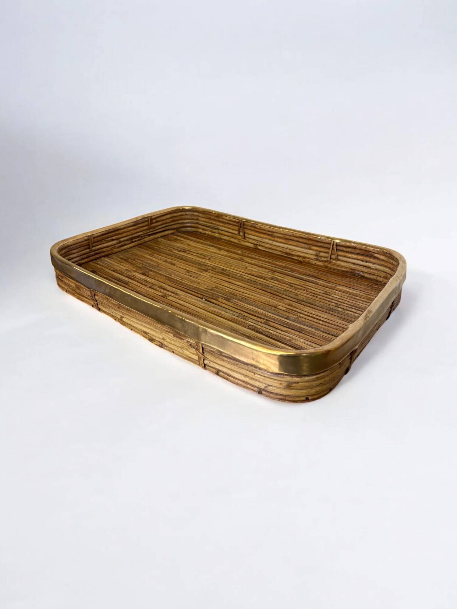 Rattan and brass tray, Italy, circa 1970s