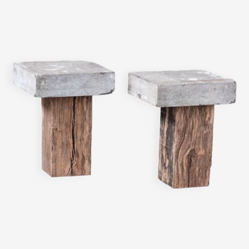 Pair of wooden and stone side tables