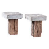 Pair of wooden and stone side tables