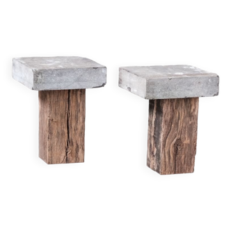 Pair of wooden and stone side tables