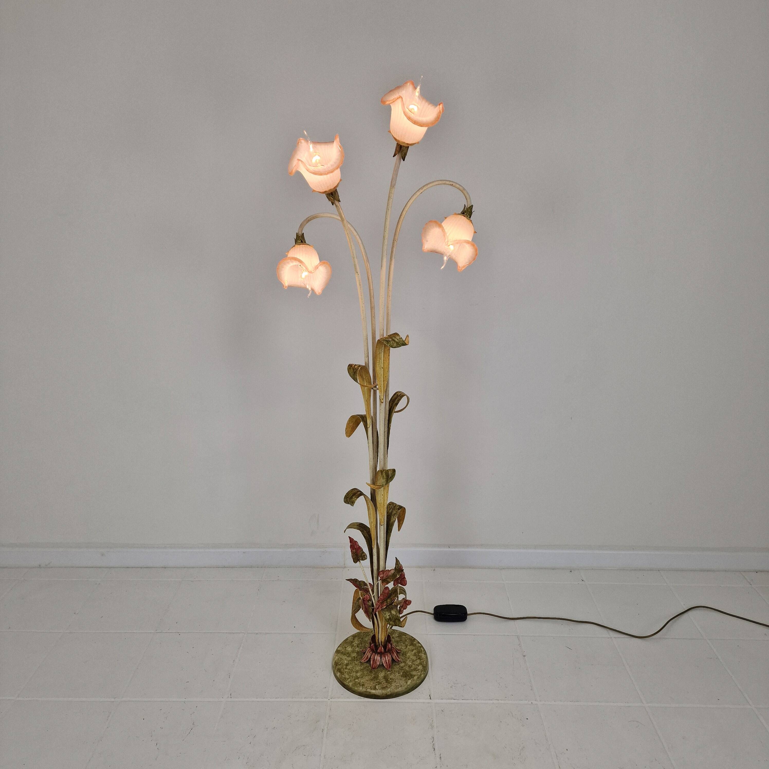 Italian Floor Lamp with Metal Stems, Leaf Details and Murano Glass Flowers
