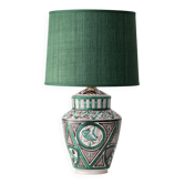 Lampe de table en céramique verte, style Renaissance espagnole d'Aragon, nouvel abat-jour en soie.