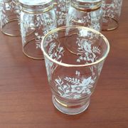 Set of 6 glasses decorations relief white flowers and golden edging - vintage