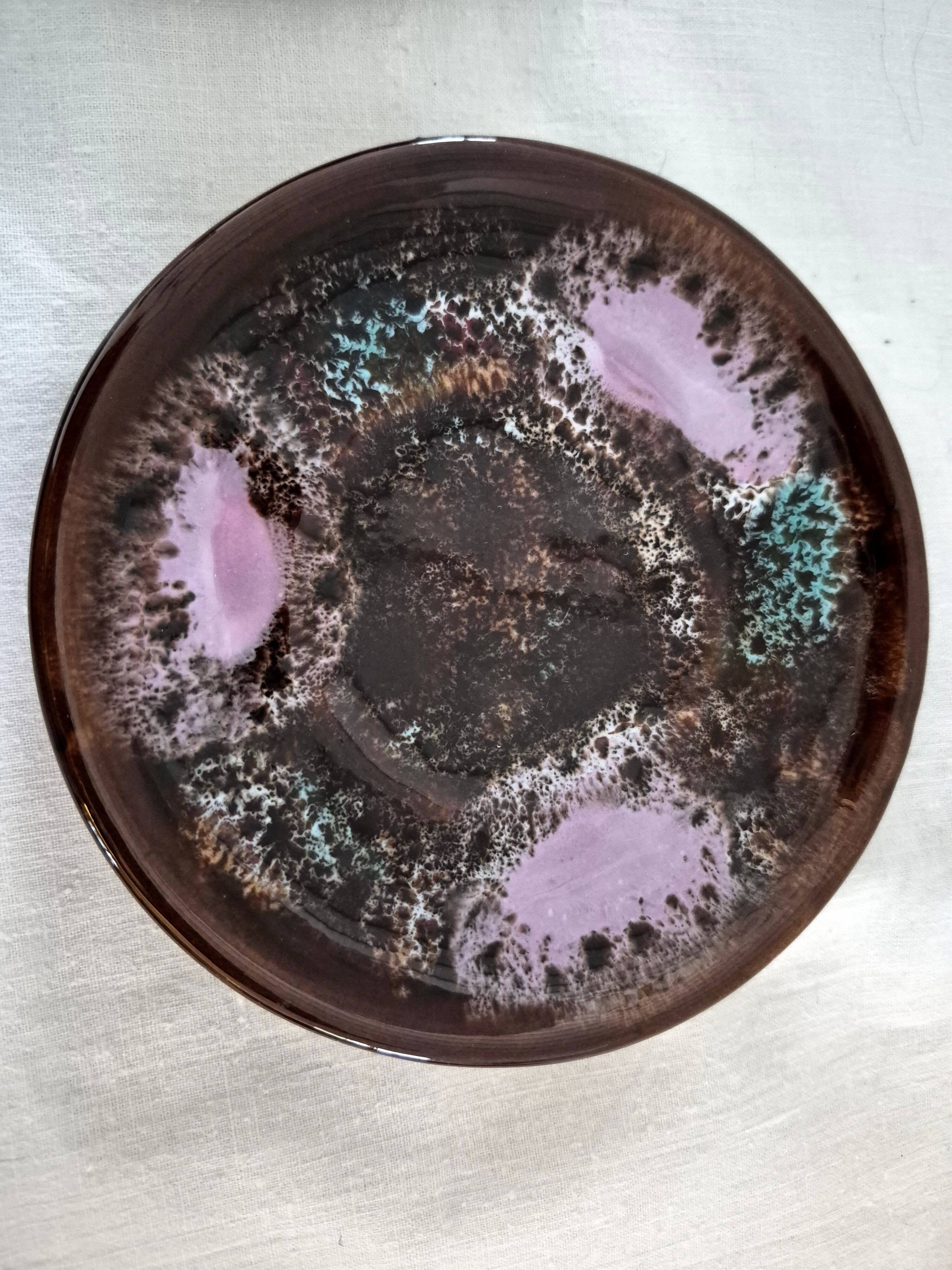 Six cups and saucers Vallauris glazed ceramic in brown and old pink.
