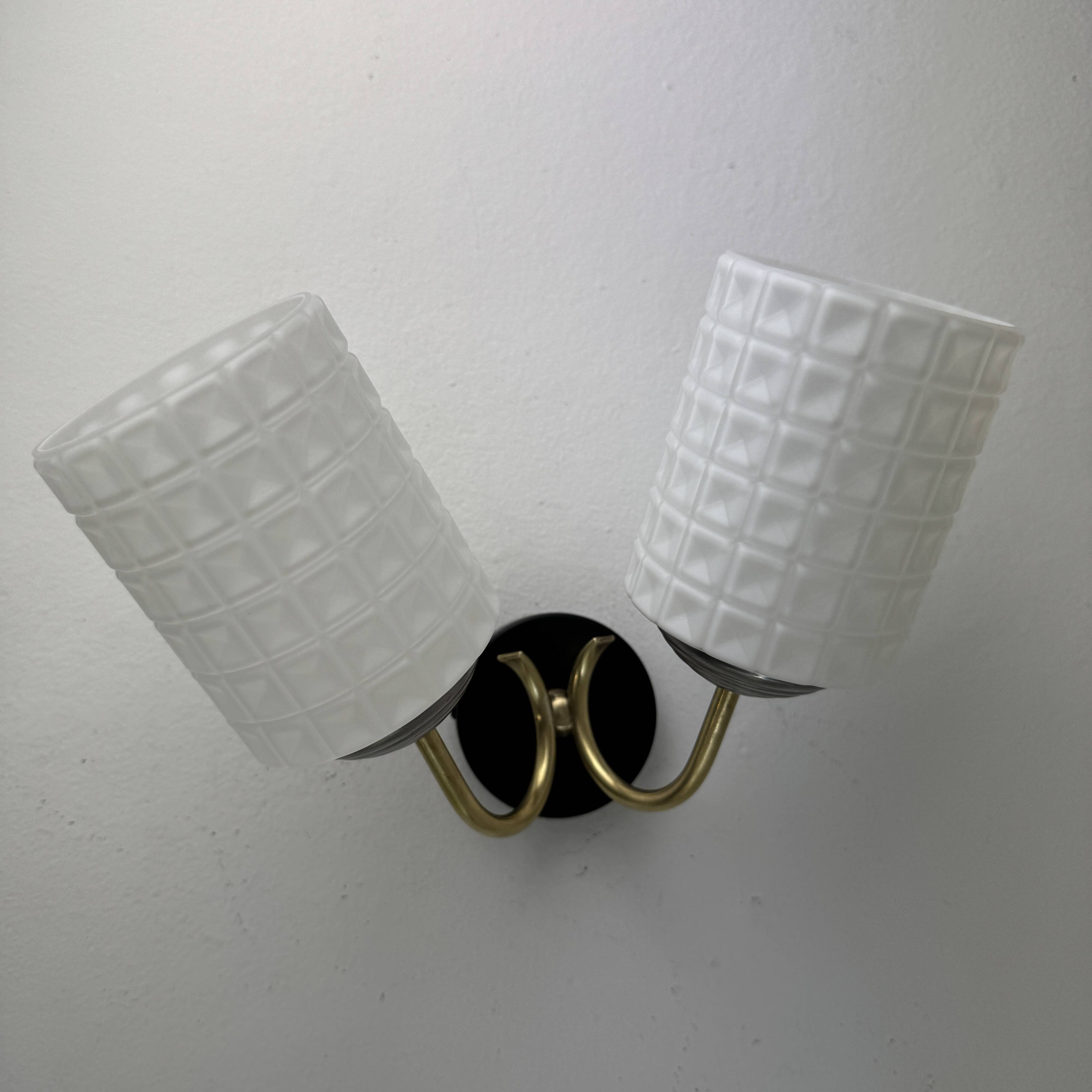 Pair of vintage 1950s double wall lights in opaline.