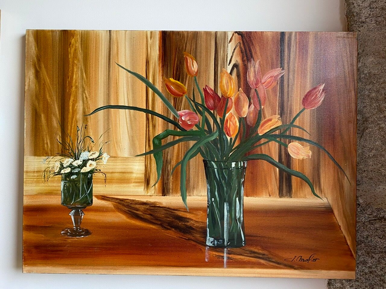 Ancient painting, still life with flowery vase and glass, signed,XX century