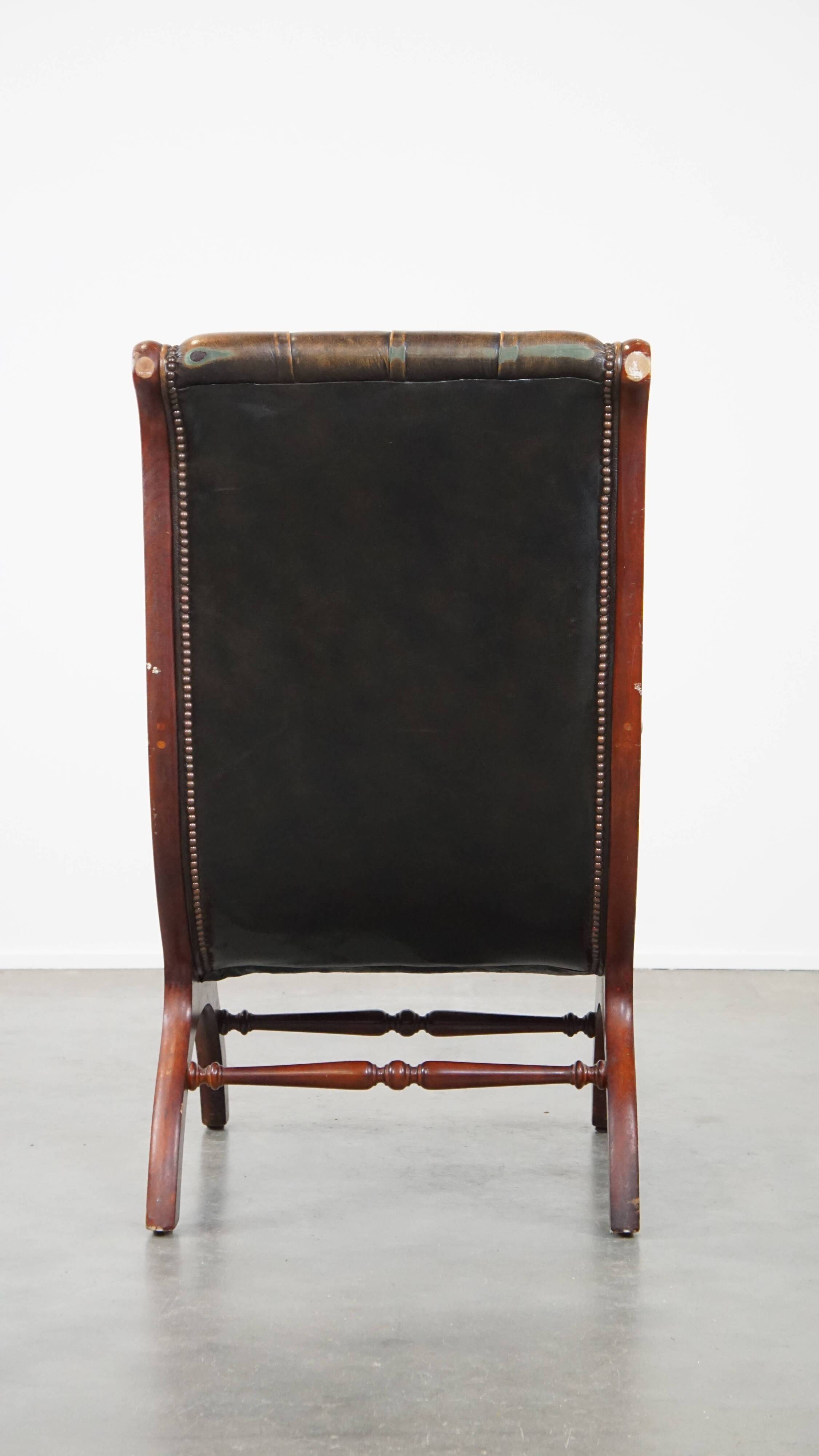 Green Vintage English Chesterfield Armchair with Wood Accents