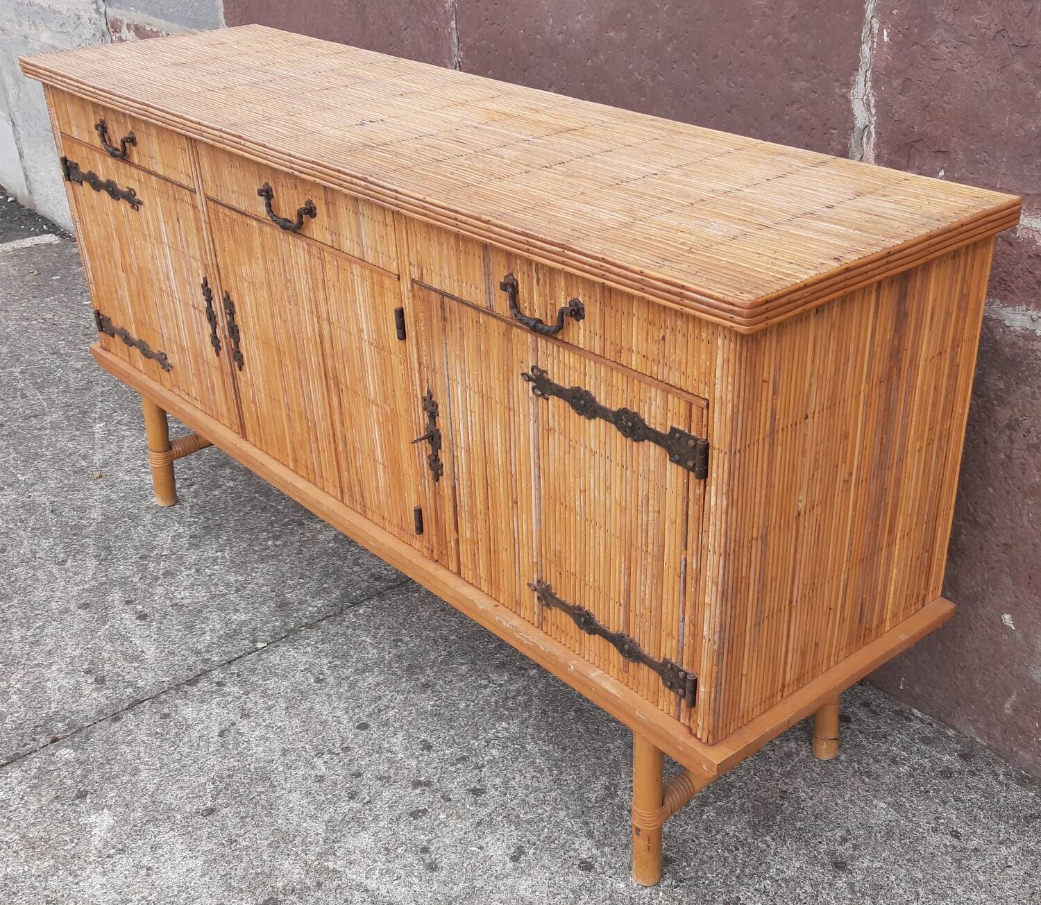 Console table in rattan and bamboo, (Attributed to Audoux-Minet)