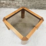 Coffee table in wood and smoked glass 1970 vintage