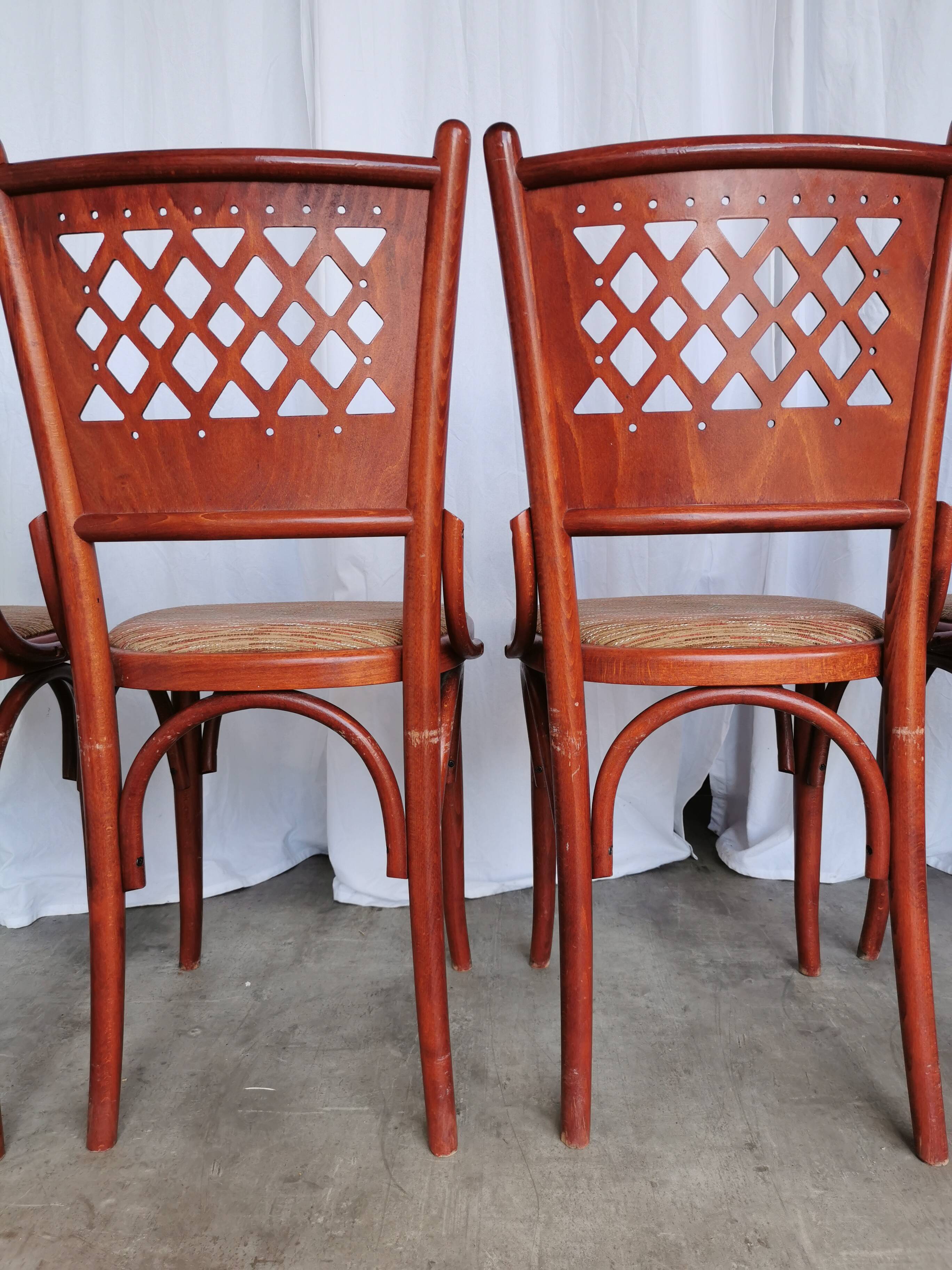 Vintage Italian Bistro Chairs - 1980s Reddish Wood, Brown Fabric - Set of 4